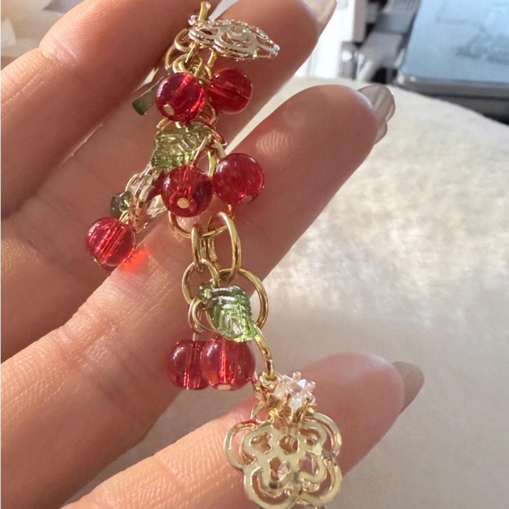 BNEW Gold-Tone Cherry Cluster Dangle Keycharm with jewel Beads